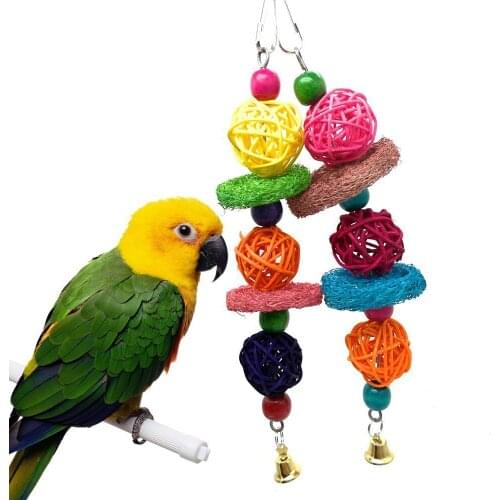 Pet Nature Loofah Sponge Chews Bite Scratcher Toy Parrot Hanging Swing Bird Toys Playing Toys with Bell End Bird Supplies