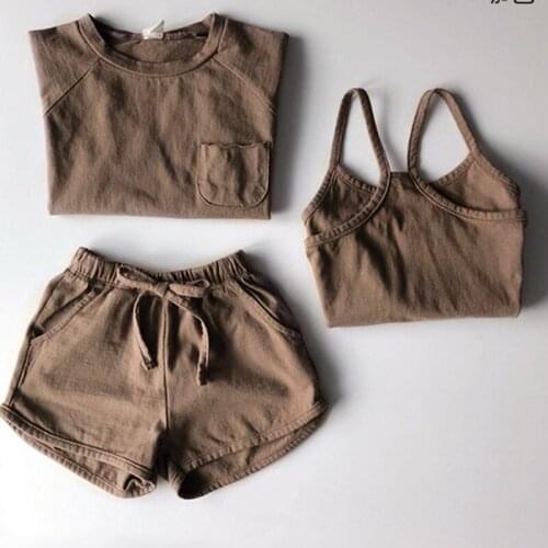Korean Style Summer Newborn Baby Girl Boys Cotton Short Sleeve Solid Color T-shirt+Vest+Shorts Suit Baby Boys Clothing Set