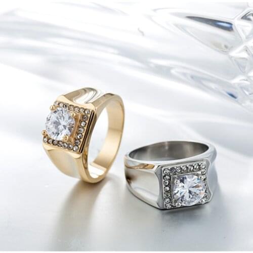 Stainless Steel Big Crystal Men Women Wedding Ring Gold Engagement Cubic Zirconia Wedding Rings Gift Bride