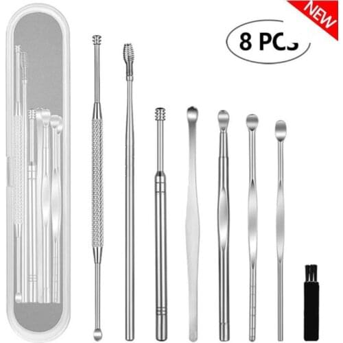 8Pcs Ear Picks Kit Pickers Stainless Steel Earpick Wax Remover Curette Ear Pick Cleaner Ear Cleaner Spoon Care Ear Clean Tool