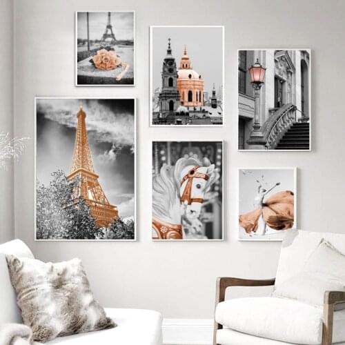 Golden Paris Tower Rose Flower Horse Wall Art Canvas Painting Nordic Posters And Prints Wall Pictures For Living Room Home Decor