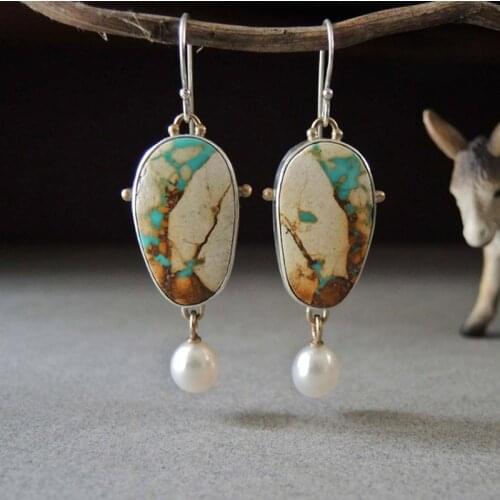 Oval Opal Multi Colored Veins Chic Enamel Earrings for Women Fashion Round Pearl Drop Dangle Earrings Hoop Earrings Boho Jewelry