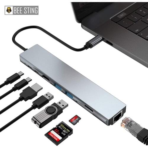 PD fast charging 8 in 1 multi-function adapter USB Type-C hub to 4K HDMI RJ45 USB SD/TD card reader for MacBook Pro