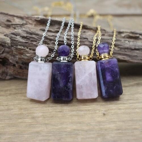Rectangle Amethysts Essential Oil Vial Pendant Necklaces Natural Gems Rose Quartzs Perfume Bottle Charms Women Jewelry QC1057