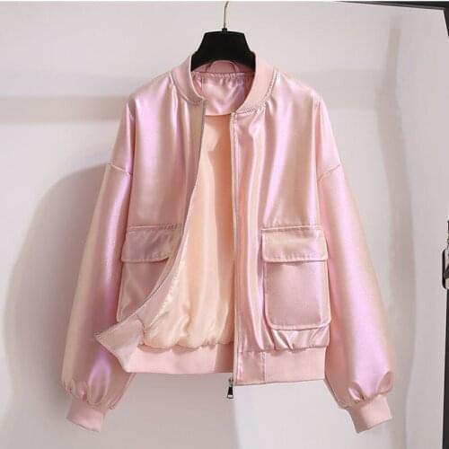 Pink Baseball Uniform Women Shiny Net Red Short Jacket Spring And Autumn 2021New Thin Coat Female Stand-UP Collar Top L447