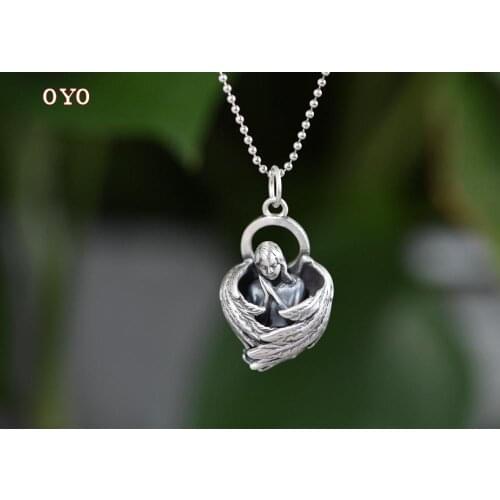S925 Silver Vintage Silver Feather Wings Ornament Angel Thai Silver Pendant