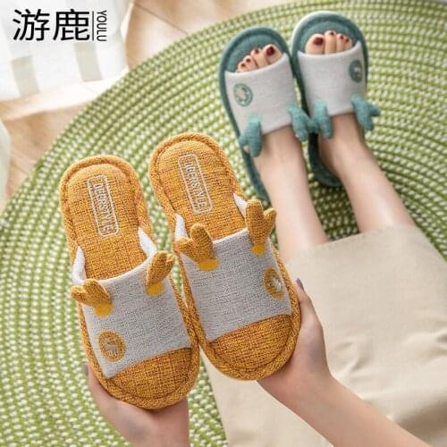 New Cartoon Women Shoes Indoor Couples Linen Slippers Soft Flexiable Anti-slip Sandals Animal Prints Breathable Cotton Sildes