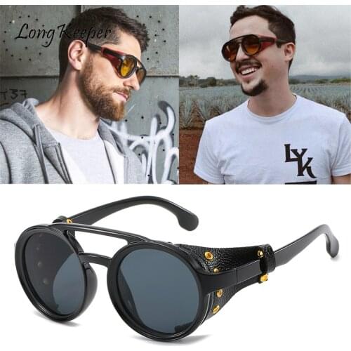 Fashion Steampunk Sunglasses Brand Design Round Shades Men Women Gafas Vintage Punk Rivet Wrap Sun Glasses Retro Leather Eyewear