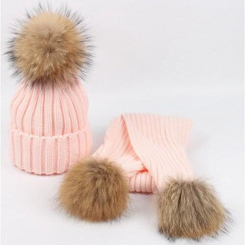 Kids Ages 1-4 Winter Boys Girls Warm Thick Knitted Beanie Hats and Scarves Real Fur Pom Pom Hat Scarf Set for Children