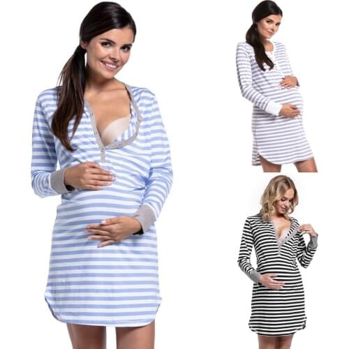 Womens Long Sleeve Button Nursing Nightie Stripes Maternity Breastfeeding Dress hamile maternity hot pajamas nightwear