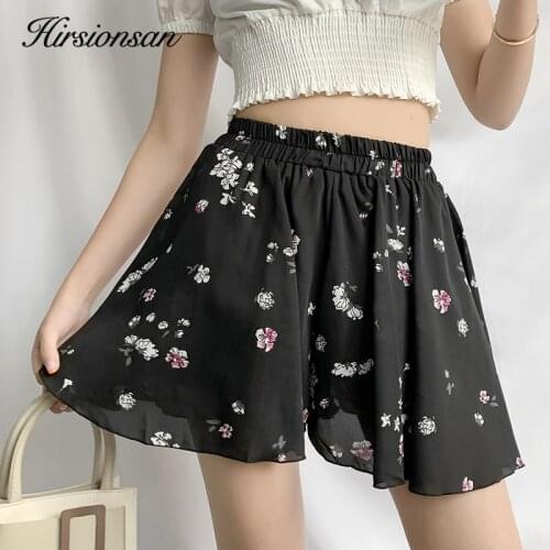 Hirsionsan Floral Chiffon A-line Mini Shorts Skirts Women New Harajuku Chic Soft Shorts Skirt Korean High Waist Loose Shorts