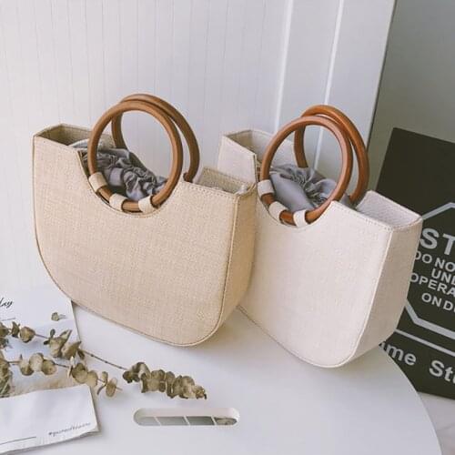 Femme Shoulder Bags Handbags Handmade Straw Woven Bags for Women Vintage Solid Big Wood Handles Ladies Handbag Beach Weave