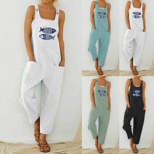 2021 Women fish Print Jumpsuit Casual Boho oversized bodysuit pocket romper wide leg pants long playsuit strap button jumpsuits