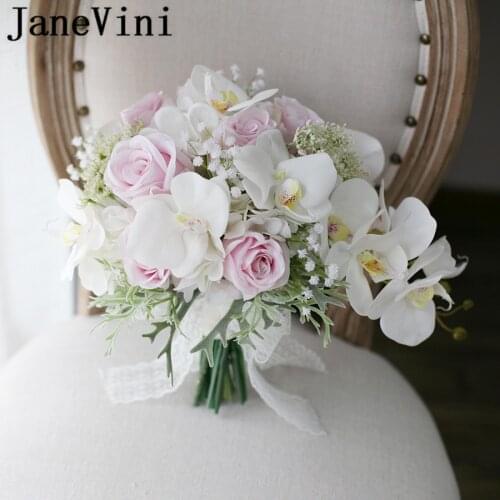 JaneVini 2019 Waterfall Pink Wedding Flowers Bridal Bouquets Artificial White Orchid Lace Bridal Bridesmaid Bouquet De Mariage