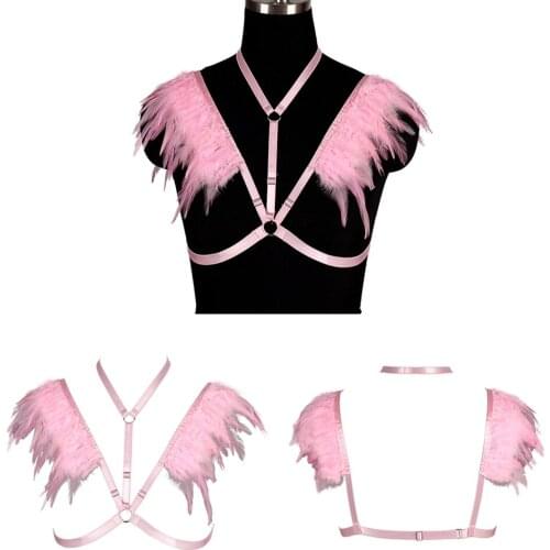 Feathers Harness For Women Hollow Bra Collar Crop Tops Punk Accessories Cupless Elastic Bandage Body Bondage Gothic Clothes