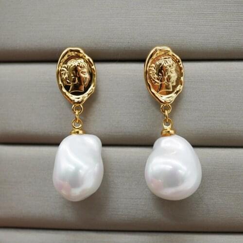 Women coin gold plated natural baroque pearl earrings high end jewelry for ladies