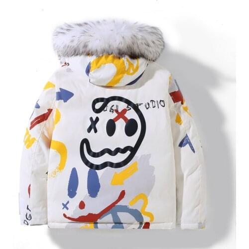 Winter Evil Graffiti Down Jacket Couples Harajuku Streetwear Hip Hop Parka Hooded White Duck Down Coat Warm Bomber Jackets Men