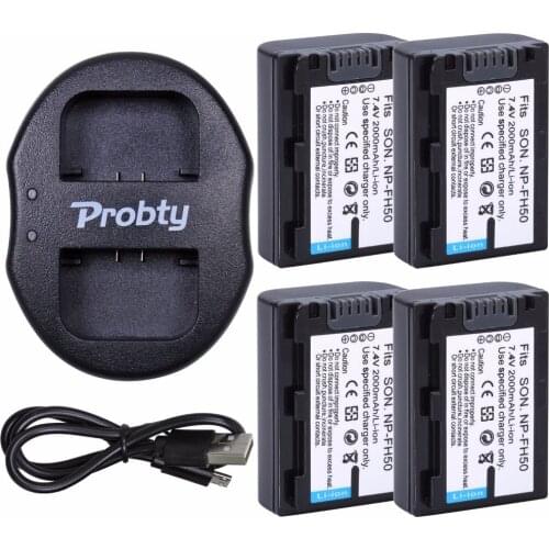 4Pcs Probty NP-FH50 NP FH50 Battery + USB Dual Charger For Sony A230 A330 A290 A380 A390 HDR-TG1E TG3 TG5 TG7 DSC-HX1 DSC-HX200