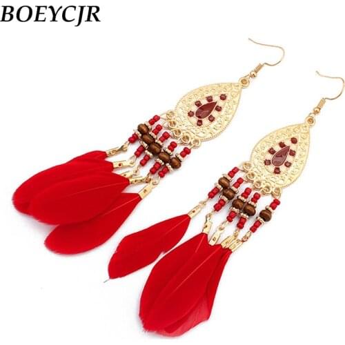 5 Color Trendy Feather Drop Earrings Handmade Vintage Ethnic Fashion Jewelry Hook Earrings Dangle Earrings for Women