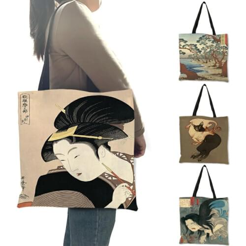 B06130 Fabric Womens Totes Handbags Ukiyoe Style Japanese Kabuki Print Shopping Bag Large Capacity Shoulder Bags