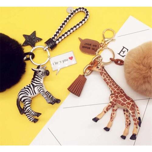 Keychain Couple Cute Zebra Giraffe Bag Hanging Car Key Chain Bag Rabbit Hair Ball Pompom DIY Eternal Flower Women Gifts
