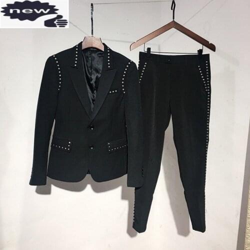 Brand Suit Jacket Men England Style Black Single Breasted Slim Blazer & Pants Two Piece Set Fashion Night Club Rivets Coat