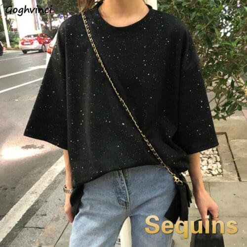T-shirts Women Half Sleeve Asymmetrical Sequins Females Chic Leisure Slim Loose Plus Size 2XL Harajuku Tees O-neck Tshirts New
