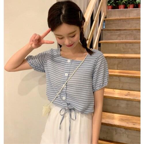 Summer Cute Girl Blouse Plaid Yellow Square Neck Puff Sleeve Shirt Women Top Chemise Femme Chemisier Blusa Mujer Camisa