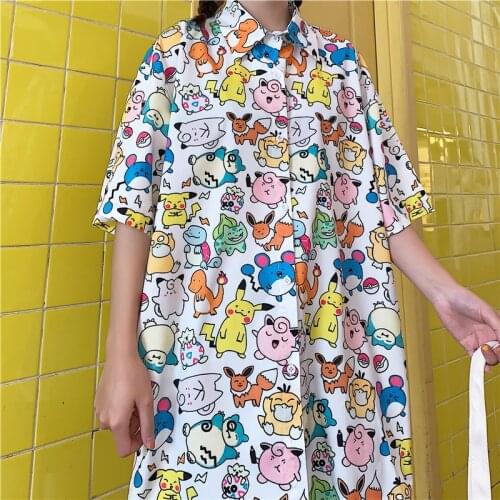 Summer Womens Shirt College Style Shirt Loose Short Sleeve Top Cartoon Print Summer Shirt Harajuku Retro Casual Mens Shirt