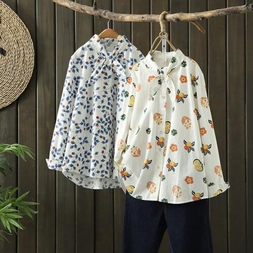 Sweet Bow Neck Elegant Ladies Shirt Long Sleeve Spring Casual All-Match Kawaii Printed Floral Blouses Tops Women Camisas Mujer