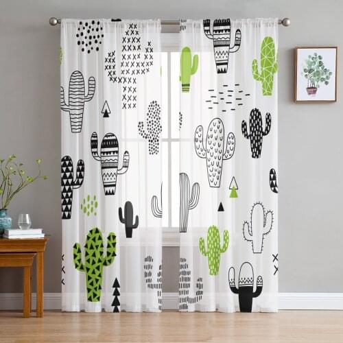 Cartoon Graffiti Green Black White Cactus Sheer Curtains for Living Room Modern Bedroom Voile Tulle Curtain Window Drapes