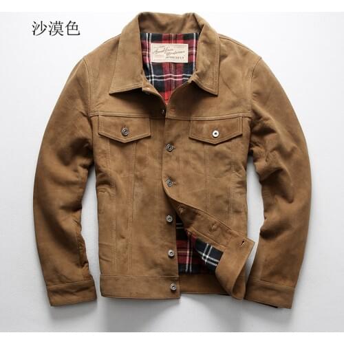 AVFLY New Men Genuine Sheepskin leather jacket Fashion Spring/Autumn Single-breasted Suede sheepskin denim jacket Free Shipping