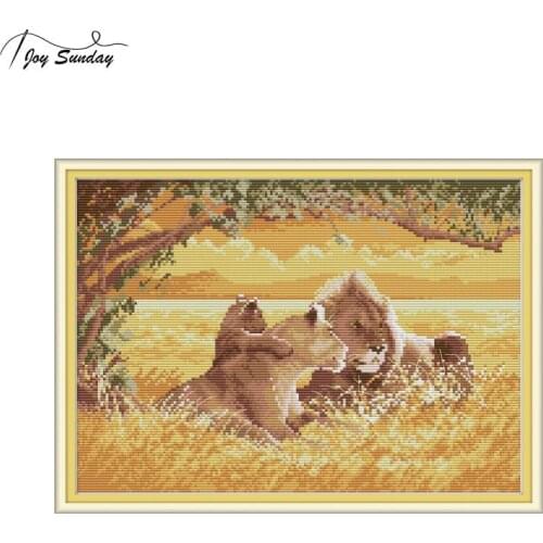 Joy Sunday A Lion Family Embroidery Cross Stitch Kits Printed Canvas 14ct 11ct Counted Aida Fabric DIY Needlework Kit Home Decor
