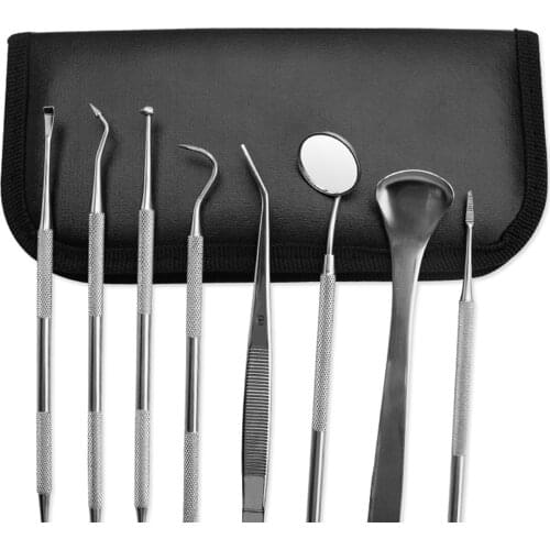 8PCS Hand Dentist Tool Kit For Dentist Stainless Steel Tartar Calculus Plaque Remover Tooth Scraper Mirror Scaler Set