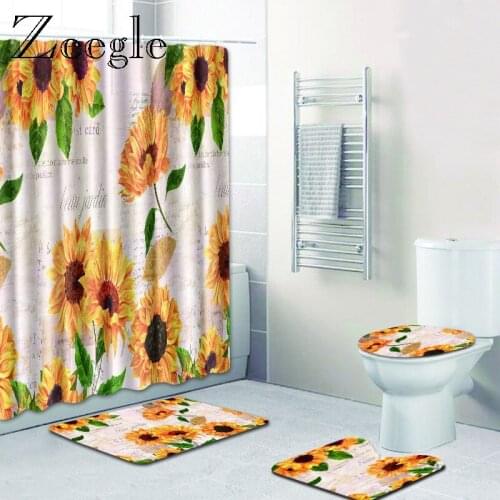 Zeegle Scenic Bath Mat Set with Shower Curtain Washable Toilet Soft Mat Anti-slip Toilet Mat Bath Mat Pad Set Bath Accessroies