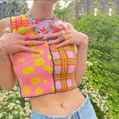 New Women Vintage Summer Pullovers Floral Cute T Shirt Patchwork Y2k Crop Top Short Sleeve O Neck Harajuku Tee Tops Pink S M L