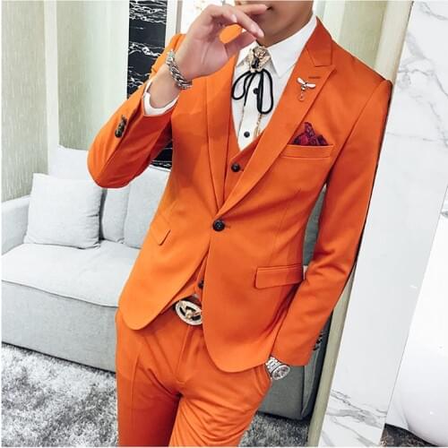 New Arrival One Button Orange Groom Tuxedos Groomsmen Peak Lapel Mens Suits Blazers (Jacket+Pants+Vest+Tie) W:1019