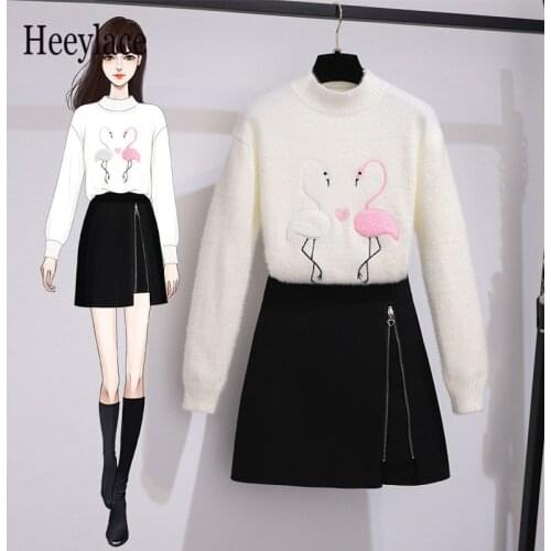 Autumn and winter Outfits mink cashmere half high collar embroidered sweater + black skirt two Pieces sets women Korean Suits