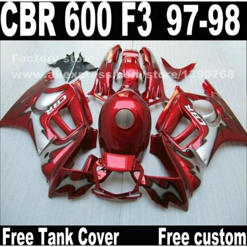 Custom free Motorcycle parts for HONDA CBR 600 F3 fairings 1997 1998 CBR600 F3 97 98 all red body repair fairing kit T9
