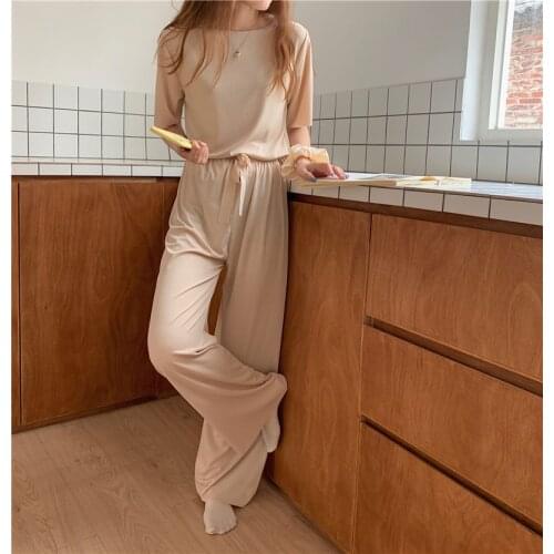 Casual Solid Womens Two Piece Set Short Sleeve T shirt Suit Summer Loose Pants Trousers 2 Piece Set