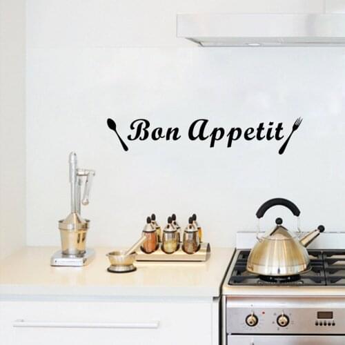 Bon Appetit With Spoon And Fork Wall Sticker French Quote Wall Decals Kitchen Decoration Waterproof Removable Home Decor Poster