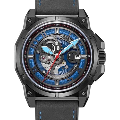 Luxury Open Work Design Mens Watches Skeleton Dial Rubber Strap Watch Automatic Movement Waterproof Montre Homme