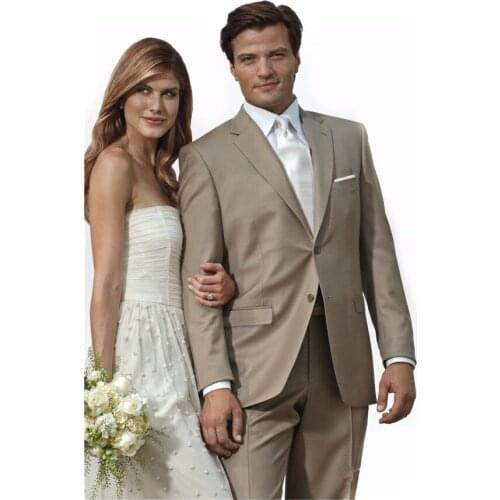 Two Buttons Groomsmen Notch Lapel Groom Tuxedos Khaki Mens Suits Wedding Best Man (Jacket+Pants+Tie+Hankerchief) B735