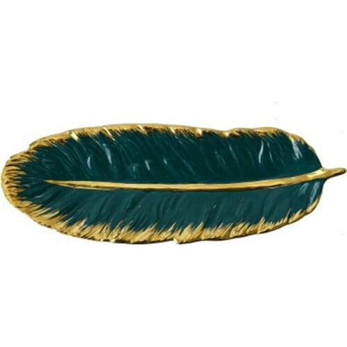 Dark Green / Gold Feather Serving Platter 10 / 14 Inch Snack Storage Tray Ceramic Platter Tray Plate Serving Dish Plate Tray