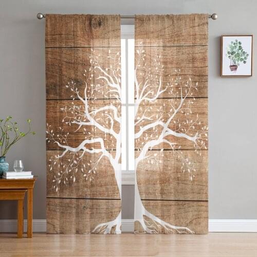 Wood Plank Texture Tree Window Curtains Bedroom Modern Drape Sheer Tulle Valances Living Room Kitchen Voile Curtain
