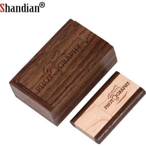 SHANGDIAN USB flash drive creative Wood square rotation USB 2.0 4GB 8GB 16GB 32GB 64GB wooden box Free custom logo