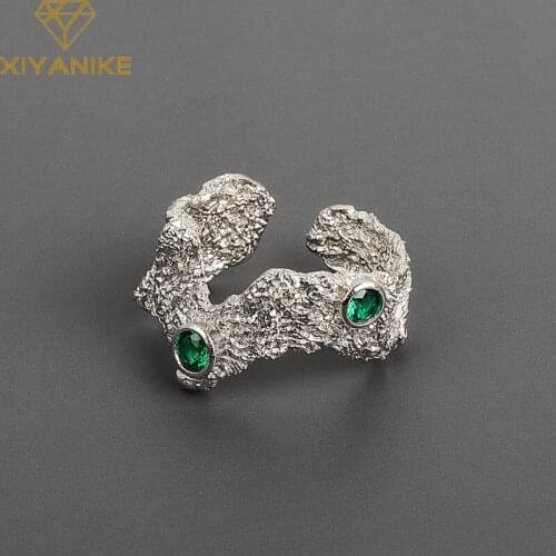 XIYANIKE 925 Sterling Silver 2021 New Arrival Irregular Shape Green Zircon Ring Female Rough Unique Design Lava Texture Party