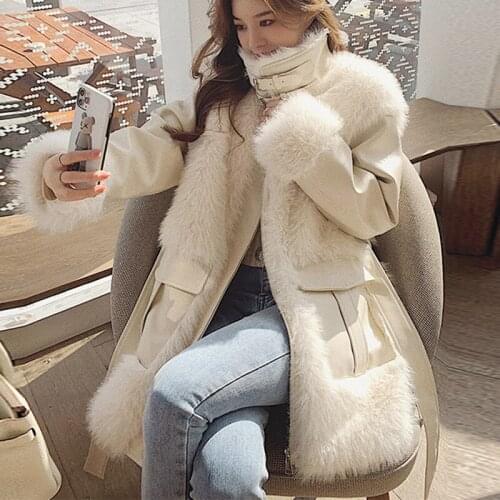 Women Fashion Winter Jacket Korean Style Real Faux Fur Coat Stand Collar Loose Thickening Fur Plush Jacket Warm Outerwear