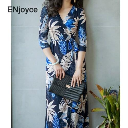 Luxury Leaf Printed Maxi Dress Women Retro Blue Short Sleeve High Waist Wrap Skirt Ladies Elastic Slim Split Beach Long Dresses
