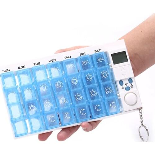 LCD Intelligent Pill Dispenser with Reminder Timer l Weekly Smart Medicine Box Weekly Sort Folding Vitamin Medicine Box 28 Cel